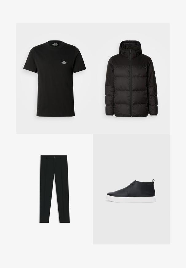 Schwarze Pufferjacke mit Reißverschluss, Kapuze, gesteppten Abschnitten und elastischen Bündchen, hergestellt aus einem glatten, wasserabweisenden Material.; Schwarzes Baumwoll-T-Shirt mit kurzen Ärmeln, Rundhalsausschnitt und kleinem weißen Logo auf der linken Brust. Glatte Textur und klassischer Schnitt.; Schwarze Anzughosen mit geradem Bein, aus glattem Stoff. Mit Knopfverschluss vorne und Gürtelschlaufen. Schlicht ohne Muster.; Schwarze Leder-Hohe Sneaker mit glatter Oberfläche, weißer Gummisohle und einfachem Schnürdesign. Verfügt über eine Zuglasche an der Rückseite.