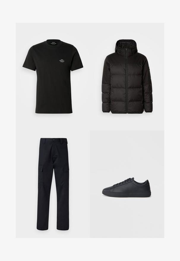 Mustikas puffer-jakk sisaldab tõmblukku, kapuutsi, tikandiga osi ja elastseid mansette, valmistatud siledast veekindlast materjalist.; Must mustaga t-särk lühikeste varrukatega, ümar kaelus ja väike valge logo vasakul rinnal. Sile tekstuur ja klassikaline sobivus.; Mustad mustad püksid, mis on valmistatud tugevast materjalist, sirge lõikega, kaht küljetaskut ja nööbiga sulgemist vöökoha juures.; Mustad mustad mustad paelaga, ümmarguse ninaga ja tasase kummist tallaga madala lõikega mustad nahkjalatsid. Omab paelu ja peent brändingut.