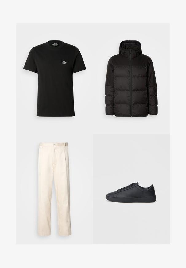 Mustikas puffer-jakk sisaldab tõmblukku, kapuutsi, tikandiga osi ja elastseid mansette, valmistatud siledast veekindlast materjalist.; Must mustaga t-särk lühikeste varrukatega, ümar kaelus ja väike valge logo vasakul rinnal. Sile tekstuur ja klassikaline sobivus.; Beesidised puuvillased püksid sirge jala lõikega, mis on varustatud nööpkinnituse ja ees olevate voltidega, et lisada detaili.; Mustad mustad mustad paelaga, ümmarguse ninaga ja tasase kummist tallaga madala lõikega mustad nahkjalatsid. Omab paelu ja peent brändingut.