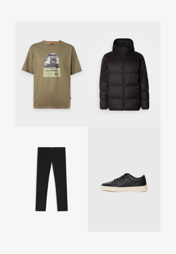 Black puffer jacket features a zip closure, a hood, quilted sections, and elastic cuffs, made from a smooth, water-resistant material.; Green cotton t-shirt with short sleeves, featuring a graphic print of a vehicle and text "ALL-TERRAIN" on a square patch.; Black trousers made of fabric with a smooth texture. Features a button closure, belt loops, and side pockets. Standard straight-leg design.; Black low-top leather sneaker with black laces and off-white sole shown in side profile on white background.