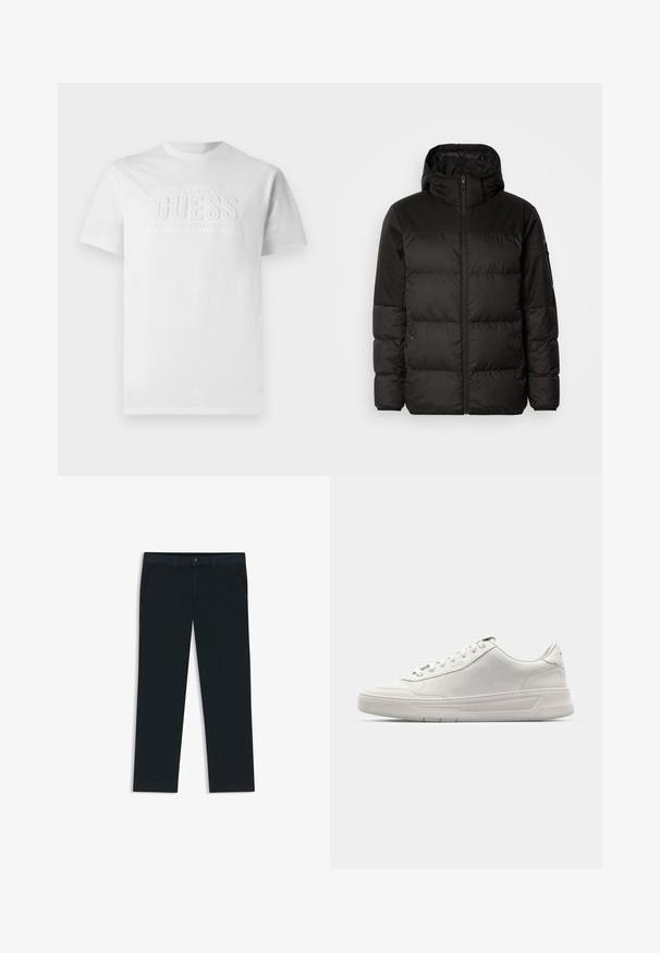 Zwarte pufferjas met ritsluiting, een capuchon, gequiltte secties en elastische manchetten, gemaakt van een glad, waterafstotend materiaal.; Witte katoenen t-shirt met ronde hals, met in het midden een getextureerd logo dat leest "GUESS EST. 1981 CLASSIC AMERICAN STYLE."; Donkerblauwe chino's gemaakt van een katoenmix stof. Voorzien van riemlussen, front pockets en een rits met knoopsluiting.; Witte sneakers met een glad leren bovenwerk, ronde neus, vetersluiting en een dikke rubberen zool. Subtiel logo aan de zijkant.