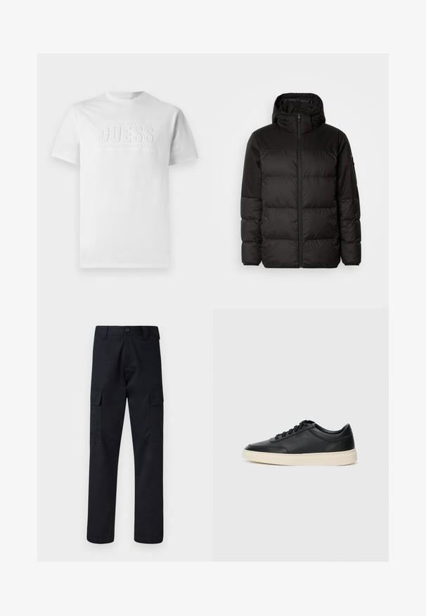 Čierna prešívaná bunda má zips, kapucňu, prešívané sekcie a elastické manžety, vyrobená z hladkého, vodeodolného materiálu.; Biela bavlnená tričko s okrúhlym výstrihom, na ktorom je v strede textúrovaný logo s nápisom "GUESS EST. 1981 KLASICKÝ AMERICKÝ ŠTÝL."; Čierne cargo nohavice vyrobené z odolnej tkaniny, s rovnými nohavicami, dvoma bočnými vreckami a zapínaním na gombík v páse.; Čierne nízkoprevádzkové kožené tenisky s čiernymi šnúrkami a krémovou podrážkou zobrazené v bočnom profile na bielom pozadí.