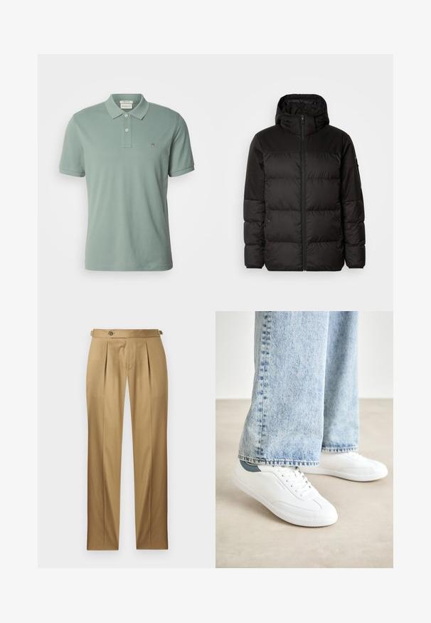 Juodas pūkinis švarkas turi užtrauktuką, gobtuvą, siūlinčius skyrius ir elastinius rankogalius, pagamintas iš lygaus, vandeniui atsparaus medžiagos.; GANT REG SHIELD SS - Polo marškinėliai - dry green; Smėlio spalvos kelnės tiesiu kirpimu, su klostėmis, mygtuko užsegimu ir diržo kilpelėmis. Lygus audinys su švariu, pritaikytu įvaizdžiu.; Baltos sportbačiai su lygiu paviršiumi, raišteliais ir tekstūruota guma, su žaliu akcentu ant kulno, derinami su šviesiai mėlynomis džinsinėmis kelnėmis.