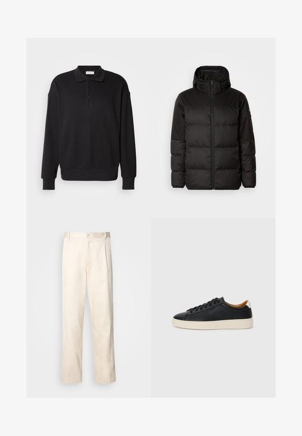 A jaqueta puffer preta apresenta um fecho zip, um capuz, secções acolchoadas e punhos elásticos, confeccionada em um material liso e resistente à água.; Polo de manga longa preto, textura ribada, placket com três botões, logótipo bordado no peito, punhos e barra ajustados. Material em mistura de algodão suave.; Calças de algodão bege com corte reto, apresentando um fecho de botão e pregas na frente para um detalhe adicional.; Tenis de couro preto com uma textura suave, sola de borracha bege, design de atar e um destaque no calcanhar em contraste.