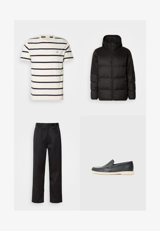 Mustikas puffer-jakk sisaldab tõmblukku, kapuutsi, tikandiga osi ja elastseid mansette, valmistatud siledast veekindlast materjalist.; Meeste lühikese varrukaga T-särk koorevärvi, millel on tumesinised horisontaalsed triibud, valmistatud puuvillast, ümmarguse kaelusega ja väikese logoga rinnal.; Mustadest siledast kangast pükstest, millel on ees nupu sulgemine, voldid ja sirged sääred. Ei mingeid nähtavaid mustreid ega aktsente.; Must musta sussid mustast nahast, millel on tekstuuriga pind ja kontrastne beež kummitald. Ees on peen aktsent.