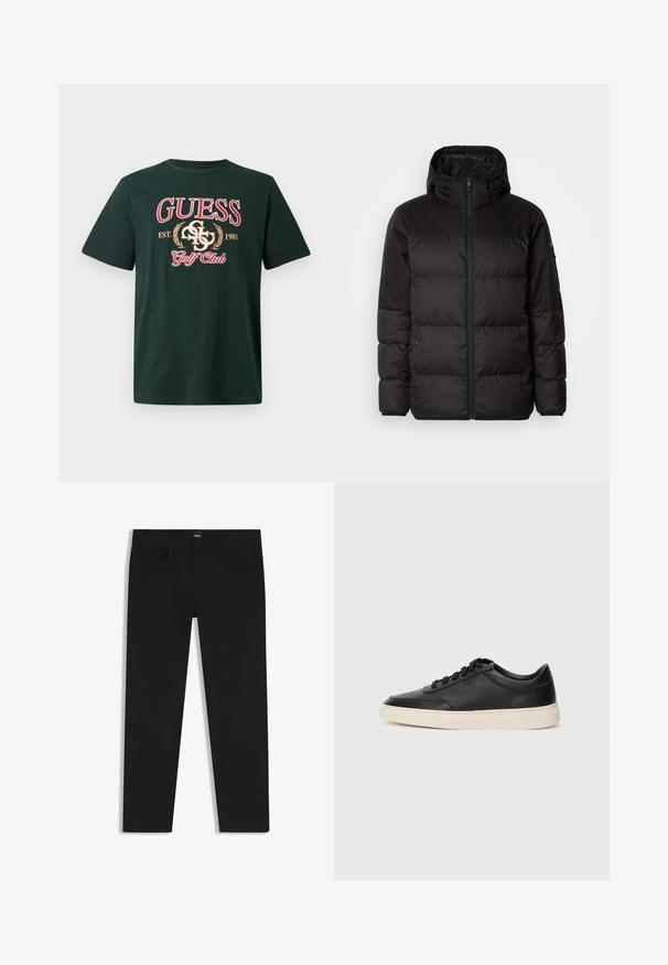 Black puffer jacket features a zip closure, a hood, quilted sections, and elastic cuffs, made from a smooth, water-resistant material.; Green cotton t-shirt featuring "GUESS" in bold red lettering, embroidered logo elements, and "Golf Club" text. Short sleeves and crew neck.; Black denim trousers with a straight cut, featuring a standard waistband, five pockets, and a button closure. Smooth texture throughout.; Black low-top leather sneaker with black laces and off-white sole shown in side profile on white background.