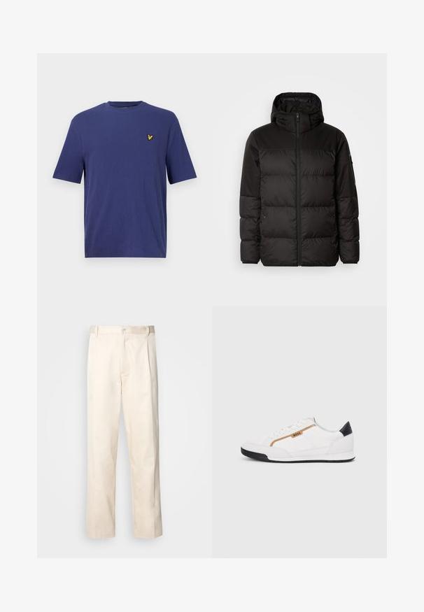 Črna zimska jakna ima zadrgo, kapuco, prešite odseke in elastične manšete, izdelana je iz gladkega, vodoodpornega materiala.; Temno modra majica s kratkimi rokavi iz teksturirane tkanine, z majhnim rumenim vezenim logotipom na levi strani prsnega koša.; Bež cottone hlače s ravnim krojem, ki imajo gumbasto zapiranje in nabore spredaj za dodatne detajle.; Bele športne čevlje z mrežnimi in usnjenimi detajli. Opremljeni so z zlatim logotipom "BOSS", teksturiranimi stranskimi paneli in črnim kapcom na peti. Guma podplat.