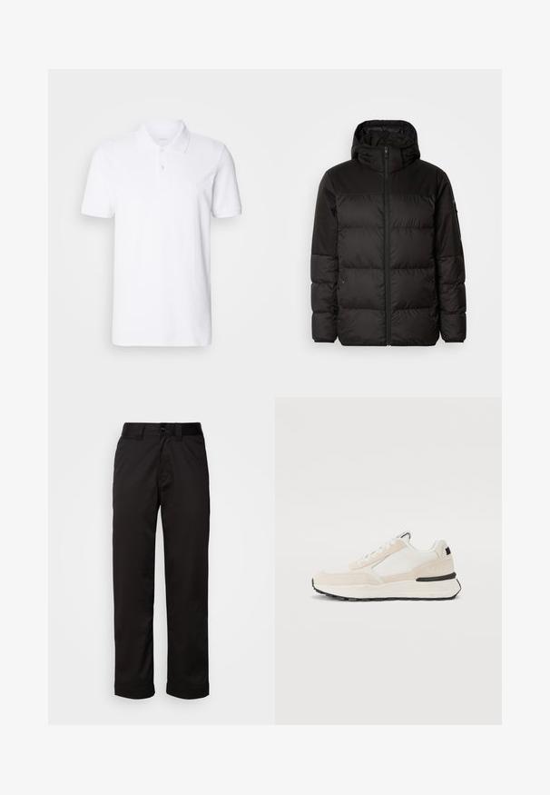 Czarna kurtka puchowa z zapięciem na zamek, kapturem, pikowanymi sekcjami i elastycznymi mankietami, wykonana z gładkiego, wodoodpornego materiału.; Ecoalf - Koszulka polo; Czarne spodnie wykonane z gładkiego materiału, z zamkiem błyskawicznym, zapięciem na guzik oraz podwiniętymi mankietami, co nadaje im casualowy charakter.; Białe i beżowe sneakersy wykonane z zamszu i siateczki, charakteryzujące się warstwowym designem, czarną podeszwą oraz subtelnym logo na pięcie.