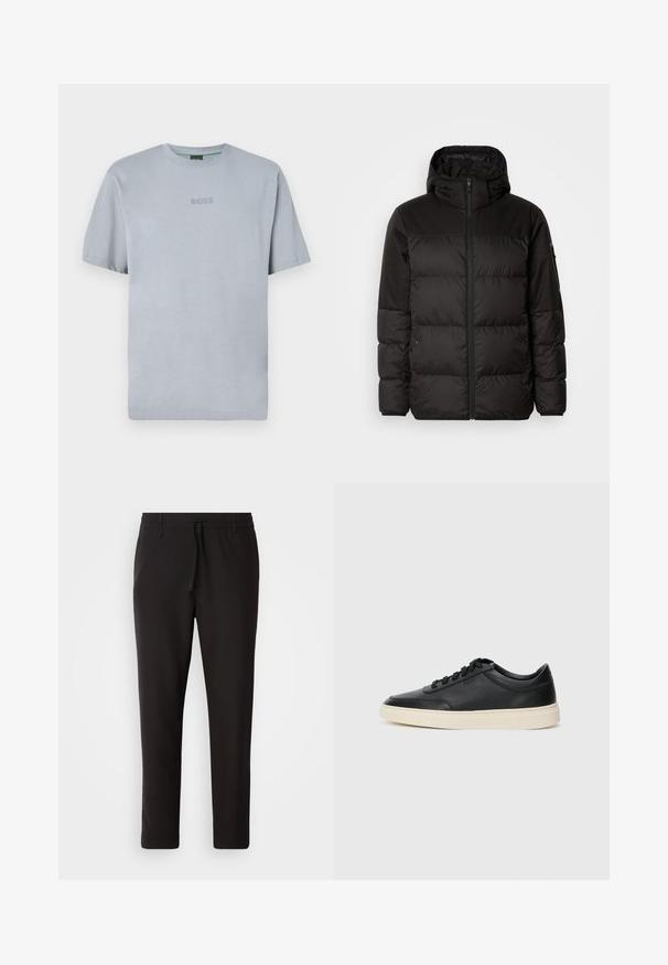 Geacă puffer neagră cu închidere cu fermoar, glugă, secțiuni quilted și manșete elastice, realizată dintr-un material neted, rezistent la apă.; Tricou de culoare albastru deschis, cu mânecă scurtă, realizat dintr-un material moale, cu decolteu rotund. Include un logo brodat „BOSS” pe piept.; Pantaloni de jogging negri, confecționați dintr-un material neted. Prezintă un talie elastică cu șnur, picioare conice și fără buzunare vizibile. Design simplu.; Sneaker din piele neagră, cu vârf jos, cu șireturi negre și talpă de un alb murdar, prezentat în profil lateral, pe un fundal alb.