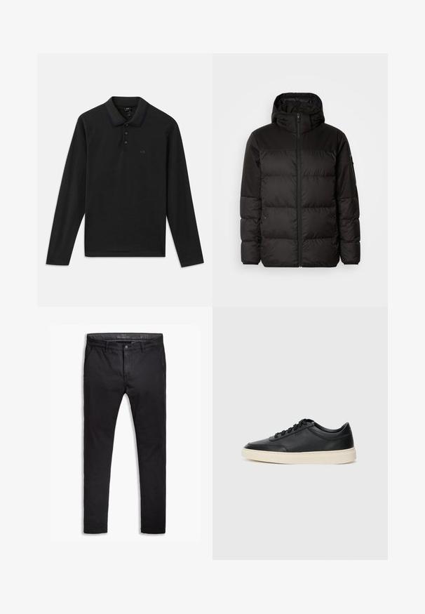 Black puffer jacket features a zip closure, a hood, quilted sections, and elastic cuffs, made from a smooth, water-resistant material.; Black long-sleeve polo shirt with a ribbed collar, featuring a three-button placket and subtle logo on the chest. Soft cotton material.; Black cotton chinos with a tapered fit, featuring five pockets, belt loops, and a smooth texture. Zip fly with a button closure.; Black low-top leather sneaker with black laces and off-white sole shown in side profile on white background.