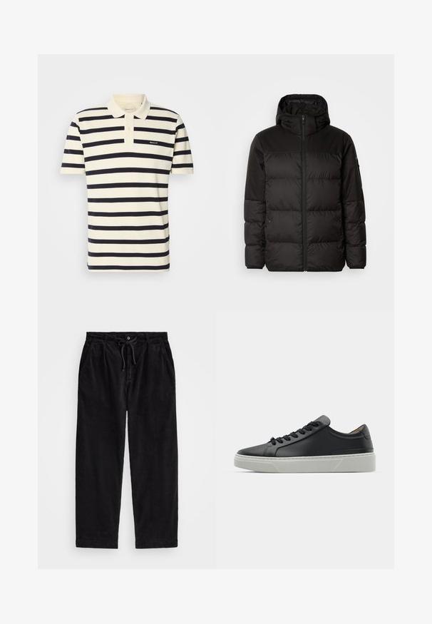 Il giubbotto puffo nero presenta una chiusura con zip, un cappuccio, sezioni trapuntate e polsini elastici, realizzato in un materiale liscio e resistente all'acqua.; Polo a righe in crema e navy, realizzato in cotone. Presenta un colletto, una patta con due bottoni e un logo ricamato sul petto.; Pantaloni in velluto a coste neri con una vestibilità rilassata, dotati di una vita elasticizzata con cordoncino e tasche laterali. Il tessuto presenta una texture a coste.; Sneaker in pelle nera con una texture liscia, punta rotonda e lacci neri. Presenta una suola in gomma bianca spessa con sottili accenti geometrici.