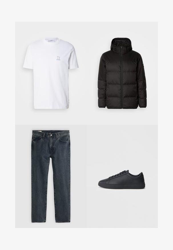 Black puffer jacket features a zip closure, a hood, quilted sections, and elastic cuffs, made from a smooth, water-resistant material.; White cotton T-shirt with short sleeves, featuring a small blue graphic of two glasses and the word "CHEERS" printed below.; Dark blue denim jeans with a straight leg design, five pockets, and a button-fly closure. The fabric shows a subtle fade and texture.; Black sneakers made of smooth leather with a low-top design, round toe, and flat rubber sole. Features laces and subtle branding.