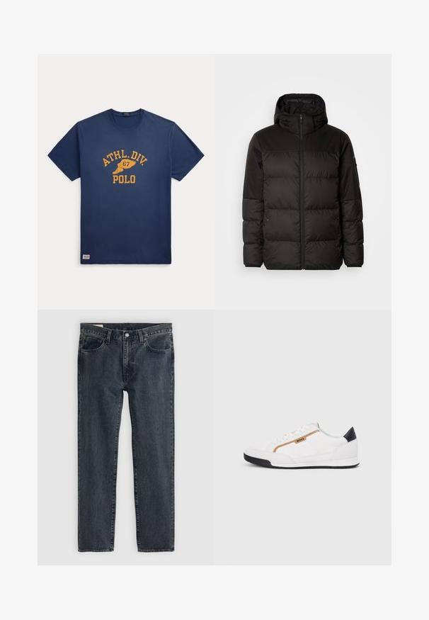 Černá péřová bunda má zipový uzávěr, kapuci, prošívané části a elastické manžety, vyrobená z hladkého, voděodolného materiálu.; Námořnická modrá bavlněná tričko s kulatým výstřihem, zdobené žlutým potiskem: "ATHL.DIV. 67 POLO" a logem na lemování. Krátké rukávy, klasický střih.; Tmavě modré džíny s rovnými nohavicemi, pěti kapsami a zapínáním na knoflíky. Tkanina vykazuje jemné blednutí a texturu.; Bílé sportovní boty s akcenty z meshe a kůže. Mají zlaté logo "BOSS", texturované boční panely a černý podpatek. Gumová podrážka.