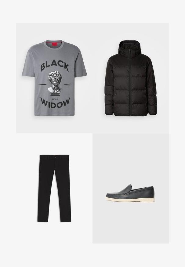 Sort pufferjakke med lynlås, hætte, quiltede sektioner og elastiske manchetter, lavet af et glat, vandafvisende materiale.; Grå bomulds t-shirt med et centralt sort-hvidt grafik af et bryst med en edderkop, med teksten "BLACK WIDOW" ovenfor og "EST 1993" nedenfor.; Sorte bukser lavet af stof med en glat tekstur. Har en knaplukning, bæltestropper og sidelommer. Standard design med lige ben.; Sorte læder slip-on loafers med en struktureret overflade og en kontrasterende beige gummisål. Har en subtil detalje langs forsiden.