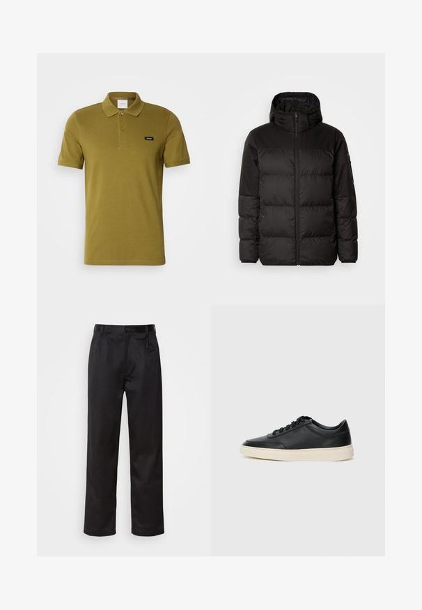 A fekete steppelt dzseki cipzáros záródással, kapucnival, steppelt részekkel és rugalmas mandzsettákkal rendelkezik, sima, vízálló anyagból készült.; Olivezöld pólóing puha pamutból. Klasszikus gallérral, két gombbal és egy kicsi márkalogóval a bal mellrészen. Rövid ujjú.; Fekete nadrág sima anyagból, elülső gombos záródással, redőkkel és egyenes szárral. Nincsenek látható minták vagy díszítések.; Fekete, alacsony szárú bőrsneaker fekete fűzőkkel és törtfehér talppal, oldalnézetben, fehér háttér előtt.