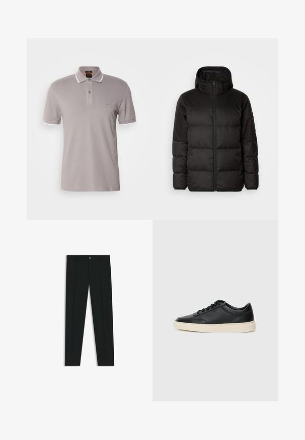 Il giubbotto puffo nero presenta una chiusura con zip, un cappuccio, sezioni trapuntate e polsini elastici, realizzato in un materiale liscio e resistente all'acqua.; Polo grigio realizzato in morbido cotone, con una patta a due bottoni, accenti bianchi sul colletto e una piccola etichetta con logo sul petto.; Pantaloni neri in tessuto lisci, con design a gamba dritta. Presentano una chiusura frontale con bottone e passanti per cintura. Senza fantasie.; Sneaker in pelle nera a basso profilo con lacci neri e suola avorio, mostrato di profilo su sfondo bianco.