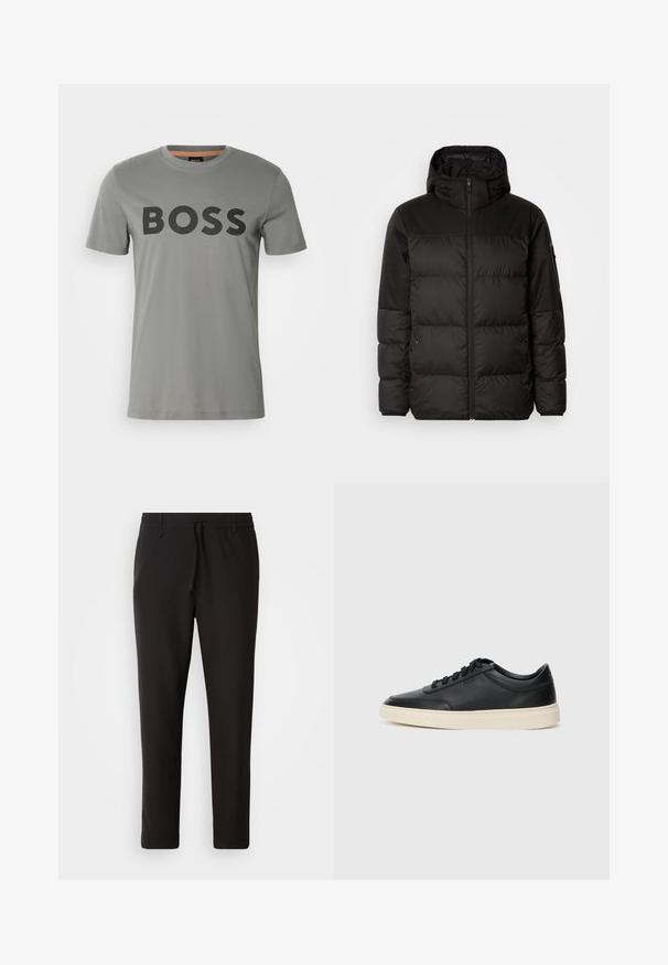 Melna pūkainā jakā iezīmes ir rāvējslēdzēja aizdare, kapuce, kvadrātveida šuves un elastīgas aproces, izgatavota no gludas, ūdensizturīgas vielas.; BOSS THINKING - Apdrukāts T-krekls - open grey; Melnas sporta bikses no gludas auduma. Tām ir elastīga josta ar auklu, sašaurinātas kājas un nav redzamu kabatu. Vienkāršs dizains.; Melnas zemas ādas sporta kurpes ar melnām auklām un off-white zoli, rādītas no sānu profila uz baltā fona.