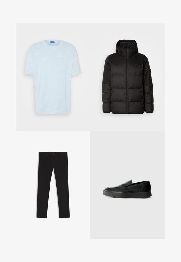 Black puffer jacket features a zip closure, a hood, quilted sections, and elastic cuffs, made from a smooth, water-resistant material.; Light blue tie-dye T-shirt made of soft cotton, featuring a round neckline and short sleeves. Logo detail on the left shoulder.; Black trousers made of fabric with a smooth texture. Features a button closure, belt loops, and side pockets. Standard straight-leg design.; Calvin Klein HYBRID CUP - Slip-ons - triple black