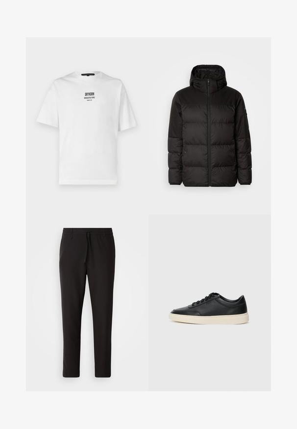 Black puffer jacket features a zip closure, a hood, quilted sections, and elastic cuffs, made from a smooth, water-resistant material.; White cotton t-shirt with short sleeves, round neckline, and black printed text "DRYKORN FOR BEAUTIFUL PEOPLE" on the front.; Black jogger pants made of smooth fabric. Feature an elastic waistband with a drawstring, tapered legs, and no visible pockets. Simple design.; Black low-top leather sneaker with black laces and off-white sole shown in side profile on white background.