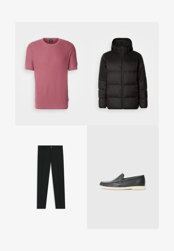 Il giubbotto puffo nero presenta una chiusura con zip, un cappuccio, sezioni trapuntate e polsini elastici, realizzato in un materiale liscio e resistente all'acqua.; BOSS DALON - T-shirt basic - open red; Pantaloni neri in tessuto lisci, con design a gamba dritta. Presentano una chiusura frontale con bottone e passanti per cintura. Senza fantasie.; Mocassini neri in pelle con finitura testurizzata e suola in gomma beige a contrasto. Presentano un accento sottile lungo la parte anteriore.