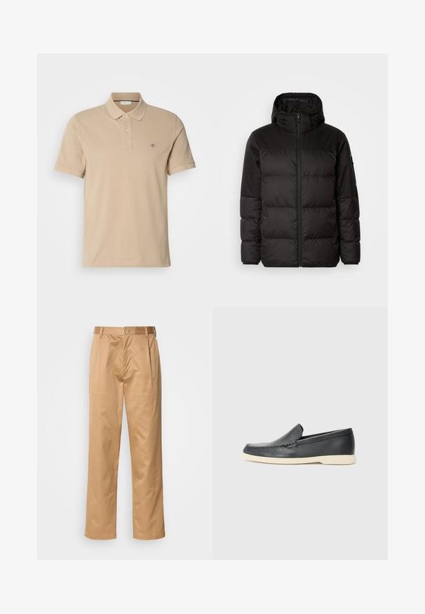 Melna pūkainā jakā iezīmes ir rāvējslēdzēja aizdare, kapuce, kvadrātveida šuves un elastīgas aproces, izgatavota no gludas, ūdensizturīgas vielas.; Bežs polo krekls, kas izgatavots no kokvilnas, ar pogātu apkakli, īsām piedurknēm un mazu izšūtu logo uz krūtīm. Gluda tekstūra.; Khaķi bikses, kokvilnas maisījums, taisna kāja, priekšējās krokas, jostas cilpas un pogu aizdare. Gluda tekstūra bez rakstiem.; Melni ādas kurpes, kas valkājas uz slip-on principa, ar teksturētu apdari un kontrastējošu beigu gumijas zoli. Iespējama smalka apdare priekšpusē.