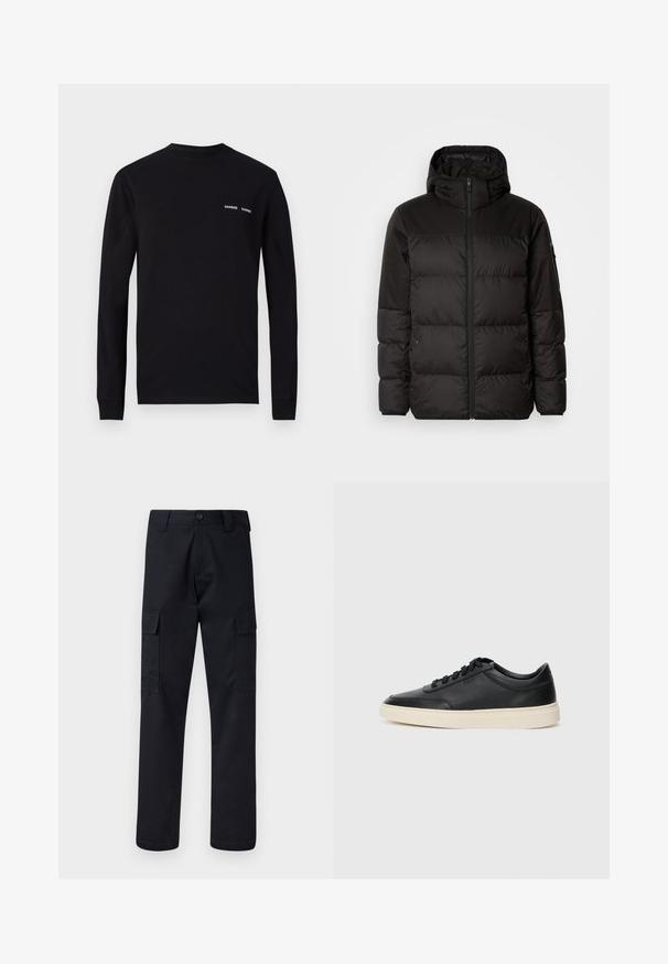 Μαύρο μπουφάν με φερμουάρ, κουκούλα, παραγεμισμένα τμήματα και ελαστικές μανσέτες, κατασκευασμένο από λείο, αδιάβροχο υλικό.; Μαύρη μπλούζα με μακριά μανίκια από βαμβάκι, με στρογγυλή λαιμόκοψη και διπλά λευκά λογότυπα "SAMSØE" στην αριστερή περιοχή του στήθους.; Μαύρο cargo παντελόνι φτιαγμένο από ανθεκτικό ύφασμα, με κανονική γραμμή στα πόδια, δύο πλαϊνές τσέπες και κουμπί στο κλείσιμο της μέσης.; Μαύρο δερμάτινο σνίκερ χαμηλού προφίλ με μαύρες κορδόνες και ελαφρώς λευκή σόλα, εμφανίζεται σε πλάγια προφίλ σε λευκό φόντο.