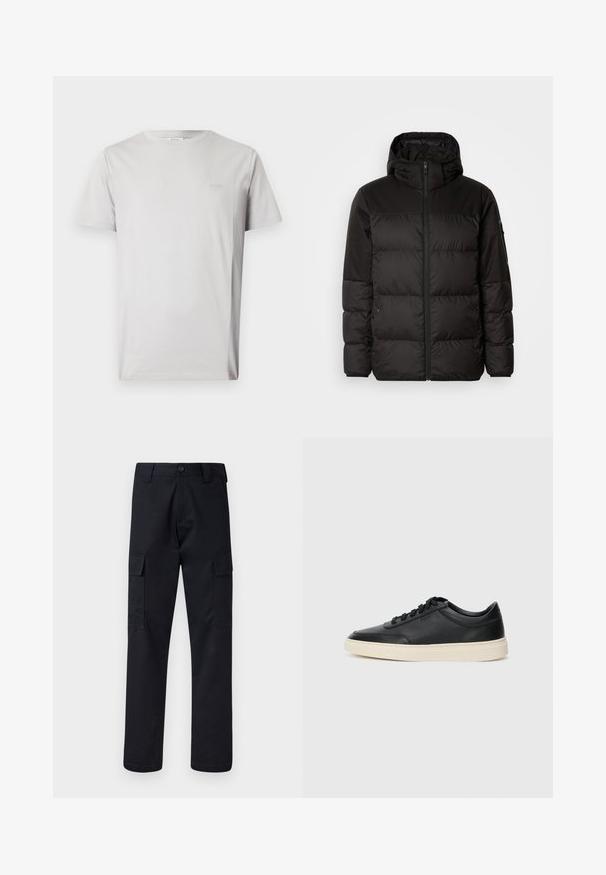 Črna zimska jakna ima zadrgo, kapuco, prešite odseke in elastične manšete, izdelana je iz gladkega, vodoodpornega materiala.; Svetlo siva bombažna majica s kratkimi rokavi, okroglo izrezana in z diskretnim logotipom na levi strani prsnega dela. Gladka tekstura, standardna kroj.; Črne cargo hlače iz trpežnega blaga, z ravnim krojem, dvema stranskima žepoma in gumbom za zapiranje na pasu.; Črne nizke usnjene teniske s črnimi vezalkami in svetlo belo podplatom, prikazane v stranskem profilu na beli podlagi.