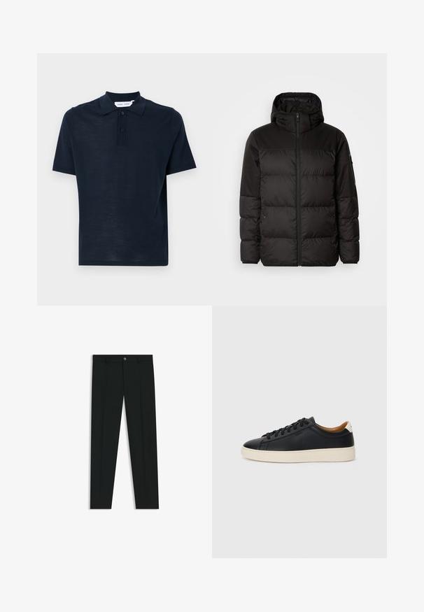 Zwarte pufferjas met ritsluiting, een capuchon, gequiltte secties en elastische manchetten, gemaakt van een glad, waterafstotend materiaal.; Marineblauwe polo t-shirt van zacht materiaal, met korte mouwen, klassieke kraag, drieknoopsluiting en een ontspannen pasvorm.; Zwarte dresspants met een recht pasvorm, gemaakt van een gladde stof. Heeft een sluiting met een knoop aan de voorkant en ceintuurlussen. Effen zonder patronen.; Zwarte leren sneakers met een gladde textuur, beige rubberen zool, vetersluiting en een contrasterende hielaccent.