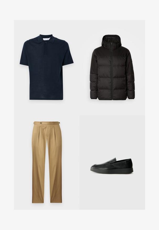 Schwarze Pufferjacke mit Reißverschluss, Kapuze, gesteppten Abschnitten und elastischen Bündchen, hergestellt aus einem glatten, wasserabweisenden Material.; Navyblaues Poloshirt aus weichem Material, kurze Ärmel, klassischer Kragen, Knopfleiste mit drei Knöpfen und entspannte Passform.; Beige Hose mit geradem Schnitt, versehen mit Abnähern, einem Knopfverschluss und Gürtelschlaufen. Glatter Stoff mit einem sauberen, maßgeschneiderten Aussehen.; Calvin Klein HYBRID CUP - Slipper - triple black