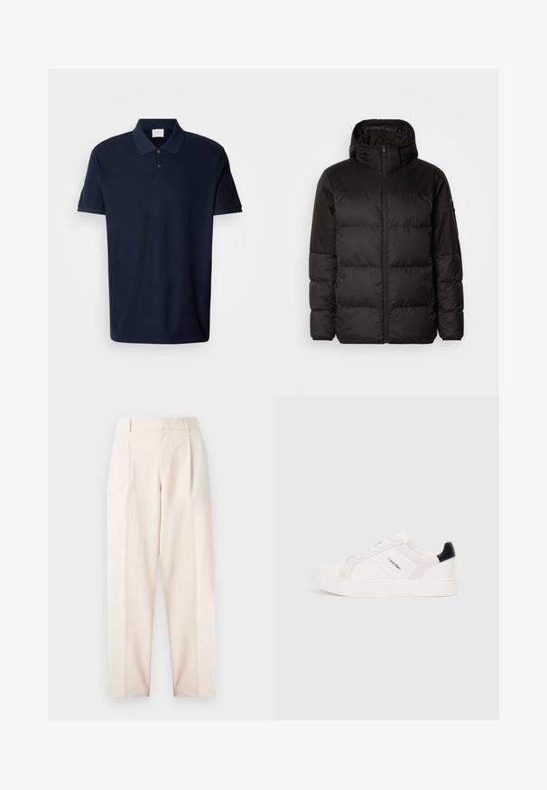 A fekete steppelt dzseki cipzáros záródással, kapucnival, steppelt részekkel és rugalmas mandzsettákkal rendelkezik, sima, vízálló anyagból készült.; Tengerészkék pamut póló. Klasszikus gallérral, kétsoros gombolással, rövid ujjal és egy kis logóval a mellkasán.; Beige, magas derekú, pleatelt és egyenes szárú nadrág. Sima anyagból készült, oldalsó zsebekkel és letisztult kivitelben.; Fehér sportcipők világos rózsaszín és fekete részletekkel, sima bőrből és velúrból készült panelek, kerek orr és lapos gumitalp.