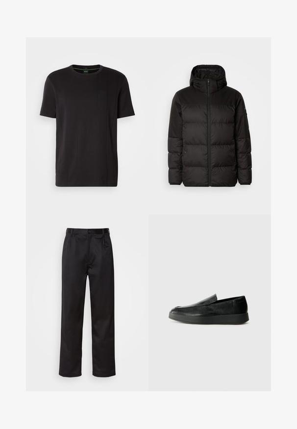 Juodas pūkinis švarkas turi užtrauktuką, gobtuvą, siūlinčius skyrius ir elastinius rankogalius, pagamintas iš lygaus, vandeniui atsparaus medžiagos.; Juodas trumpas rankovės marškinėlis, pagamintas iš minkštos medžiagos. Turi apvalų iškirpimą ir mažą kvadratinę kišenėlę kairėje krūtinės pusėje. Paprastas dizainas.; Juodi kelniukai, pagaminti iš lygaus audinio, su užsegimu priekyje, raukšlėmis ir tiesiomis kojomis. Nėra matomų raštų ar akcentų.; Calvin Klein HYBRID CUP - Įmautiniai batai - triple black