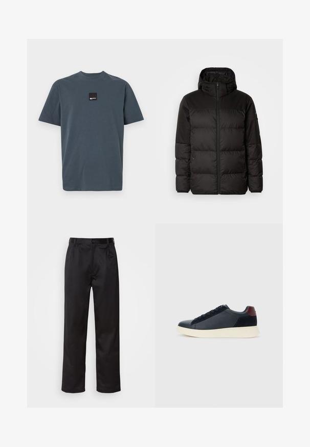 Čierna prešívaná bunda má zips, kapucňu, prešívané sekcie a elastické manžety, vyrobená z hladkého, vodeodolného materiálu.; Tmavošedé tričko s krátkymi rukávmi vyrobené z bavlny a s okrúhlym výstrihom. Má malú čiernu štítku na hrudi. Mäkka textúra.; Čierne nohavice vyrobené z hladkej látky, s predným zapínaním na gombík, s plisovaním a rovnými nohavicami. Žiadne viditeľné vzory ani akcenty.; Pánske nízkopoložené tenisky z čiernej kože a semisuku s vínovým pätovým pásikom a bielou gumovou podrážkou, zobrazené z vonkajšej strany.
