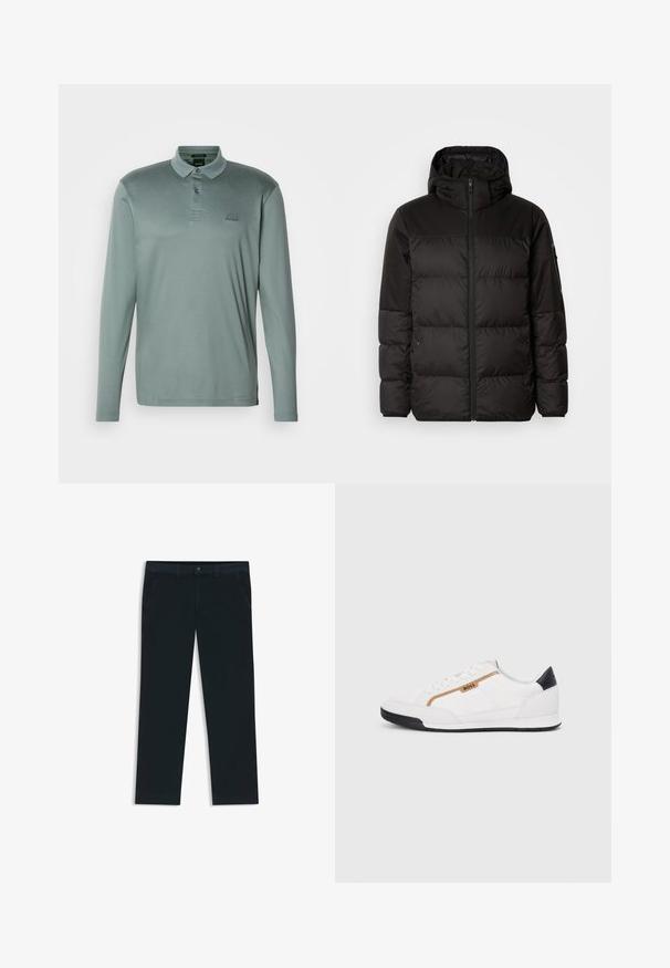 Musta puhvijakku sisältää vetoketjun, hupun, tilkuista koostuvia osioita ja joustavat hihansuut. Se on valmistettu sileästä, vedenpitävästä materiaalista.; Paitsi pitkähihainen polo-paita hillityssä vihreässä kankaassa. Sisältää kauluksen, kolmen napin läpiviennin ja kirjailun rinnassa.; Tummansinisiä chinos-housuja, jotka on valmistettu puuvillasekoitteesta. Niissä on vyölenkit, etutaskut sekä vetoketjulla varustettu nappisulku.; Valkoiset urheilukengät, joissa on verkkokudosta ja nahkaosia. Varustettu kultaisella "BOSS"-logolla, tekstuurillisilla sivupaneeleilla ja mustalla kantapäällä. Kumikanta.