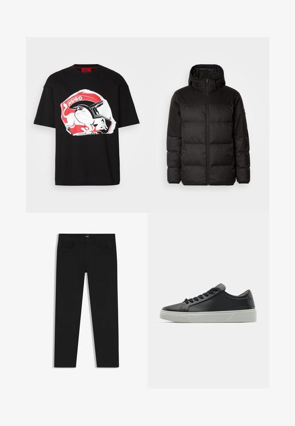 Black puffer jacket features a zip closure, a hood, quilted sections, and elastic cuffs, made from a smooth, water-resistant material.; Black cotton t-shirt featuring a large red and white graphic of a helmet with "HUGO" text. Relaxed fit and short sleeves.; Black denim trousers with a straight cut, featuring a standard waistband, five pockets, and a button closure. Smooth texture throughout.; Black leather sneaker with a smooth texture, round toe, and black laces. Features a thick, white rubber sole with subtle geometric accents.