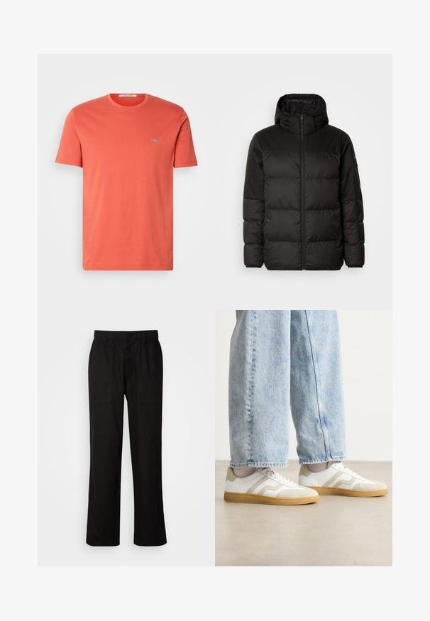 Svart puffjacka med blixtlås, huva, quiltade sektioner och elastiska mudd, tillverkad av ett slätt, vattentåligt material.; Kortärmad t-shirt i korallfärg av bomull med rundad halsringning och en liten broderad logga på bröstet. Slät textur och normal passform.; Svarta byxor med en avslappnad passform, tillverkade av lättviktig tyg. Har en elastisk midja, knappstängning och två framfickor.; Vita sneakers med beige mockadetaljer och ljusa gummisålar; har en låg design och texturerad detalj på ovansidan.