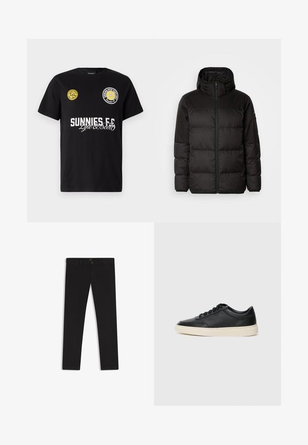 Black puffer jacket features a zip closure, a hood, quilted sections, and elastic cuffs, made from a smooth, water-resistant material.; Black cotton T-shirt featuring two circular logos on the chest. "Sunnies FC" is printed in bold white letters with cursive accents below.; Black trousers made of fabric with a smooth texture. Features a button closure, belt loops, and side pockets. Standard straight-leg design.; Black low-top leather sneaker with black laces and off-white sole shown in side profile on white background.