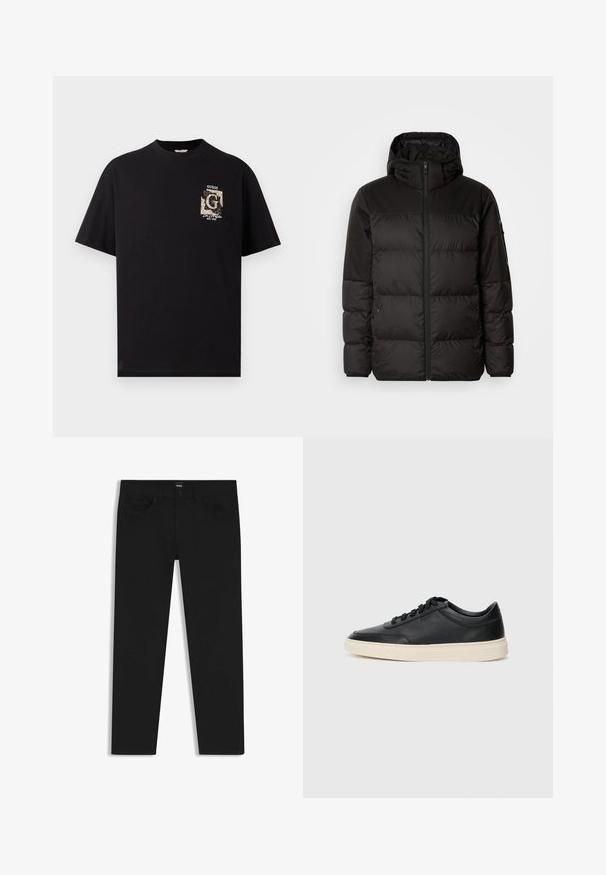 Zwarte pufferjas met ritsluiting, een capuchon, gequiltte secties en elastische manchetten, gemaakt van een glad, waterafstotend materiaal.; Zwarte katoenen T-shirt met een klein grafisch ontwerp op de linkerkant van de borst, met "GUESS"-tekst en een oprichtingsdatum in een contrasterende kleur.; Zwarte denim broek met een rechte snit, voorzien van een standaard tailleband, vijf zakken en een knoopsluiting. Gladde textuur overal.; Zwarte leren sneaker met lage schacht, zwarte veters en off-white zool, weergegeven in zijprofiel op een witte achtergrond.