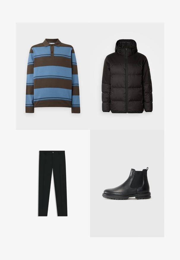 Svart puffjacka med blixtlås, huva, quiltade sektioner och elastiska mudd, tillverkad av ett slätt, vattentåligt material.; Pikétröja med långa ärmar, bruna och ljusblå horisontella ränder, med en treknappars placket och en ribbad krage.; Svarta dressbyxor med rak bendesign, gjorda av ett mjukt tyg. Har stängning med frontknapp och bälteshällor. Enfärgade utan mönster.; Svart läder Chelsea boot med elastiska sidopaneler, dragflik, rund tå och robust sula med greppgropar.