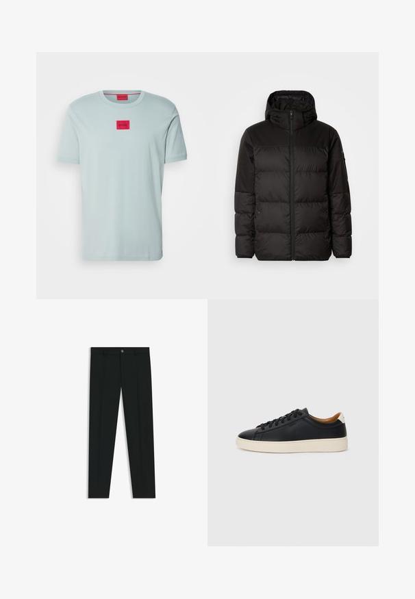 Czarna kurtka puchowa z zapięciem na zamek, kapturem, pikowanymi sekcjami i elastycznymi mankietami, wykonana z gładkiego, wodoodpornego materiału.; HUGO DIRAGOLINO niebieskoszary; Czarne spodnie materiałowe z prostymi nogawkami, wykonane z gładkiego materiału. Posiadają zamek na guzik z przodu oraz szlufki na pasek. Gładkie, bez wzorów.; Czarne skórzane trampki o gładkiej fakturze, jasnobrązowa gumowa podeszwa, sznurowana konstrukcja i kontrastujący akcent na pięcie.