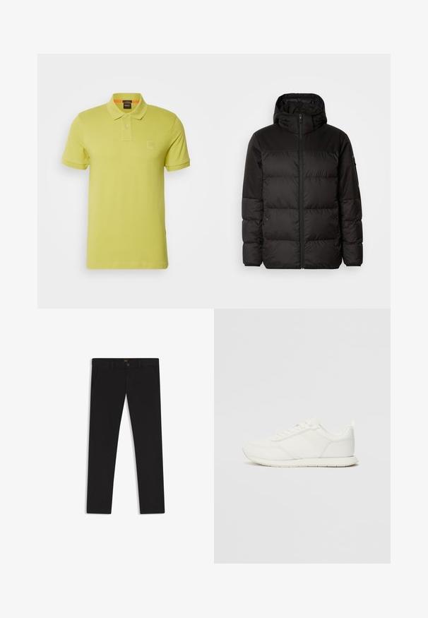 Musta puhvijakku sisältää vetoketjun, hupun, tilkuista koostuvia osioita ja joustavat hihansuut. Se on valmistettu sileästä, vedenpitävästä materiaalista.; BOSS PASSENGER - Pikeepaita - open green; Mustat housut, jotka on valmistettu sileätekstiilisestä kankaasta. Varustettu nappikiinnityksellä, vyölenkeillä ja sivutaskuilla. Standardi suora lahjemalli.; Valkoiset tennarit, joissa on verkkokankainen ja synteettinen yläosa, pyöreä kärki, litteät nauhat sekä teksturoitu sivuviiru. Kumipohja ja vetoketju takana.