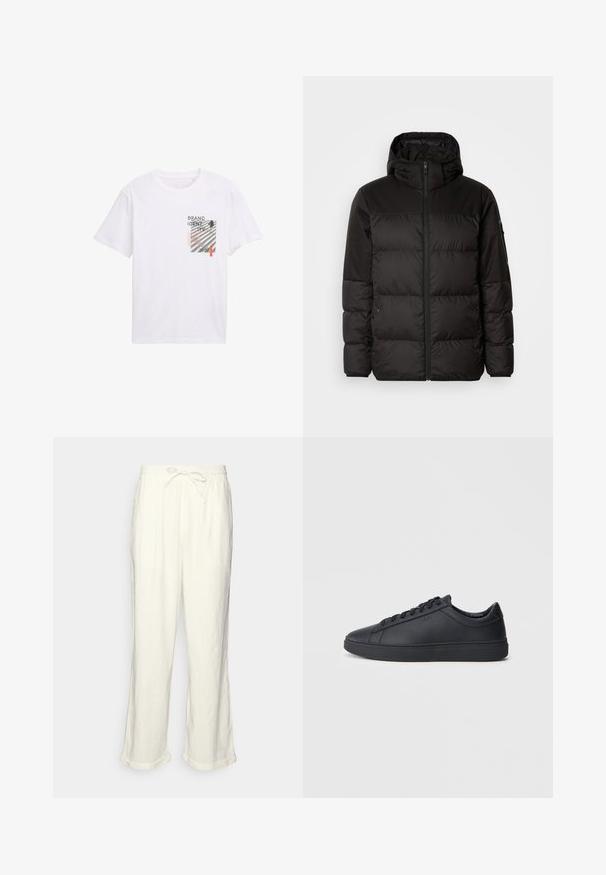 Schwarze Pufferjacke mit Reißverschluss, Kapuze, gesteppten Abschnitten und elastischen Bündchen, hergestellt aus einem glatten, wasserabweisenden Material.; Weißes Baumwoll-T-Shirt mit einem Grafik-Frontprint, der den Text "BRAND IDENTITY" zeigt, schwarzen und roten Akzenten sowie einem rechteckigen Designelement.; Leinenhose in Off-White mit einem Bund zum Kordelziehen, leicht weitem Bein und umgeschlagenen Säumen für eine entspannte Passform. Keine Taschen.; Schwarze Sneaker aus glattem Leder mit einem tiefen Design, runder Zehenform und flacher Gummi-Sohle. Mit Schnürsenkeln und dezentem Branding.