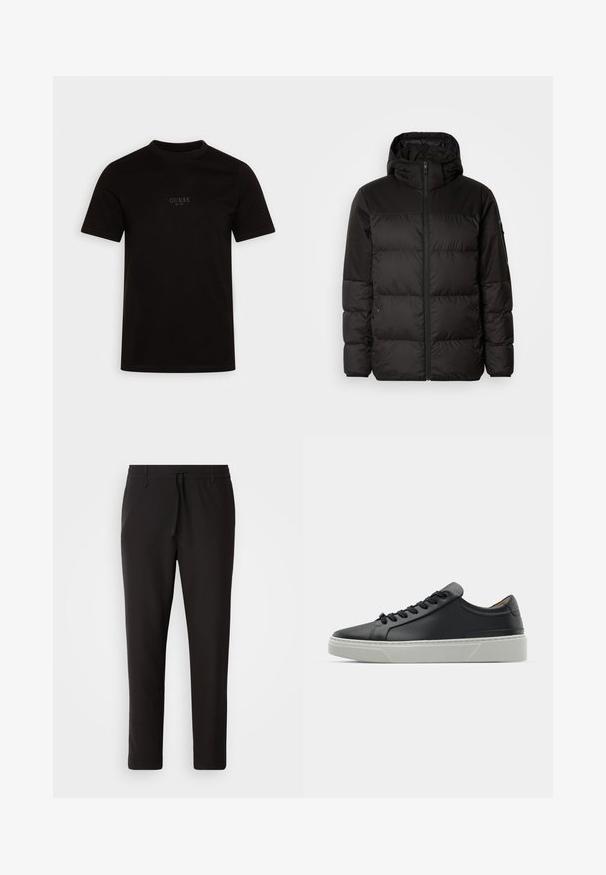Crna puf jakna ima zatvaranje na zip, kapuljaču, kviltane dijelove i elastične manžete, izrađena je od glatkog, vodootpornog materijala.; Crna majica kratkih rukava od pamuka, s okruglim izrezom i logotipom na prednjem dijelu prsiju s natpisom "GUESS EST. 1981" u suptilnom dizajnu.; Crne jogger hlače od glatkog materijala. Imaju elastičnu waistband s vezicom, sužene nogavice i bez vidljivih džepova. Jednostavan dizajn.; Crne kožne tenisice s glatkom teksturom, okruglim vrhom i crnim čipkastim vezicama. Imaju debeo bijeli gumeni potplat s suptilnim geometrijskim naglascima.