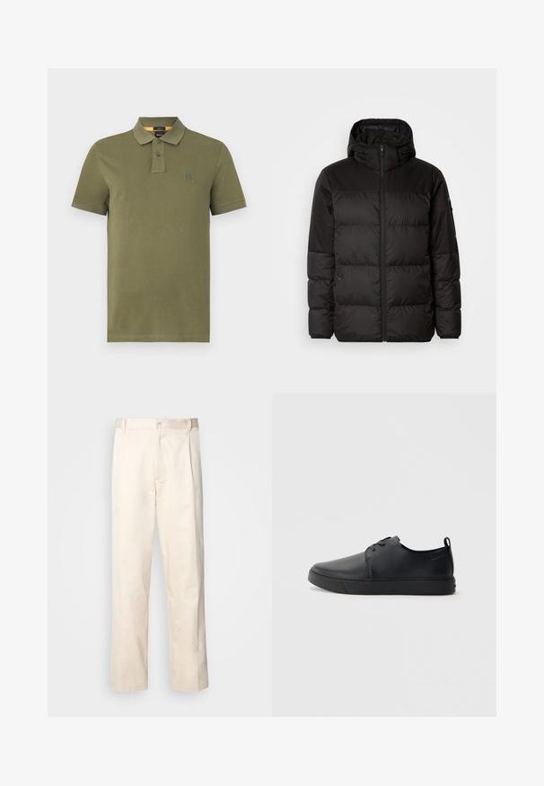 A fekete steppelt dzseki cipzáros záródással, kapucnival, steppelt részekkel és rugalmas mandzsettákkal rendelkezik, sima, vízálló anyagból készült.; Olívazöld pólóing, pamutból készült, három gombos kivágással, rövid ujjakkal és kicsi logóval a melleden.; Beige pamut nadrág egyenes szárú kivágással, gombos záródással és elülső redőkkel a részletek fokozása érdekében.; Fekete bőr sportcipő sima felülettel, lekerekített orral, azonos színű varrással, fűzős elülső résszel és lapos gumitalppal. Hurok a sarkán.