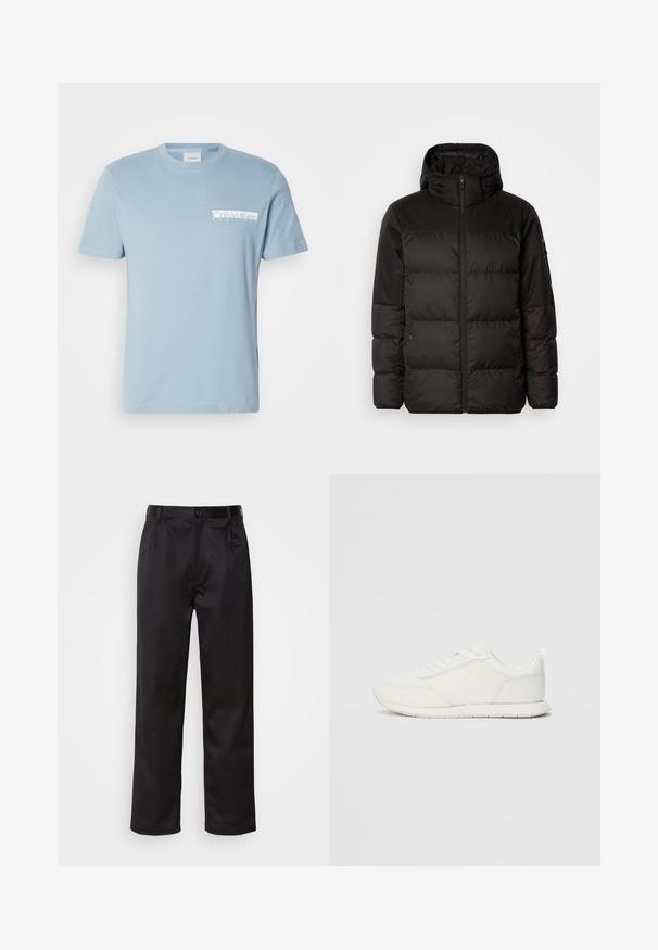 Crna puf jakna ima zatvaranje na zip, kapuljaču, kviltane dijelove i elastične manžete, izrađena je od glatkog, vodootpornog materijala.; Svijetloplava pamučna majica kratkih rukava, s okruglim izrezom i malim bijelim logotipom otisnutim na lijevoj strani prsnog područja.; Crne hlače od glatkog materijala, s prednjim zatvaranjem na dugme, pregibima i ravnim nogavicama. Nema vidljivih uzoraka ili akcenta.; Bijela tenisica s gornjim dijelom od mrežice i sintetičkog materijala, okrugli vrh, ravne vezice i teksturirani bočni trak. Gumeni potplat s petnim trakicom.