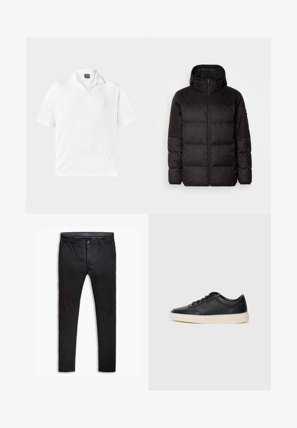 Schwarze Pufferjacke mit Reißverschluss, Kapuze, gesteppten Abschnitten und elastischen Bündchen, hergestellt aus einem glatten, wasserabweisenden Material.; Kurzärmliges, weißes Poloshirt aus strukturiertem Stoff mit vertikalen Rippungen; weist einen klassischen Kragen und einen geraden Saum auf.; Schwarze Baumwollchinos mit einem schmalen Schnitt, ausgestattet mit fünf Taschen, Gürtelschlaufen und einer glatten Textur. Reißverschluss mit Knopfverschluss.; Schwarzer niedriger Ledersneaker mit schwarzen Schnürsenkeln und cremefarbenem Sohlenrand, seitlich auf weißem Hintergrund dargestellt.