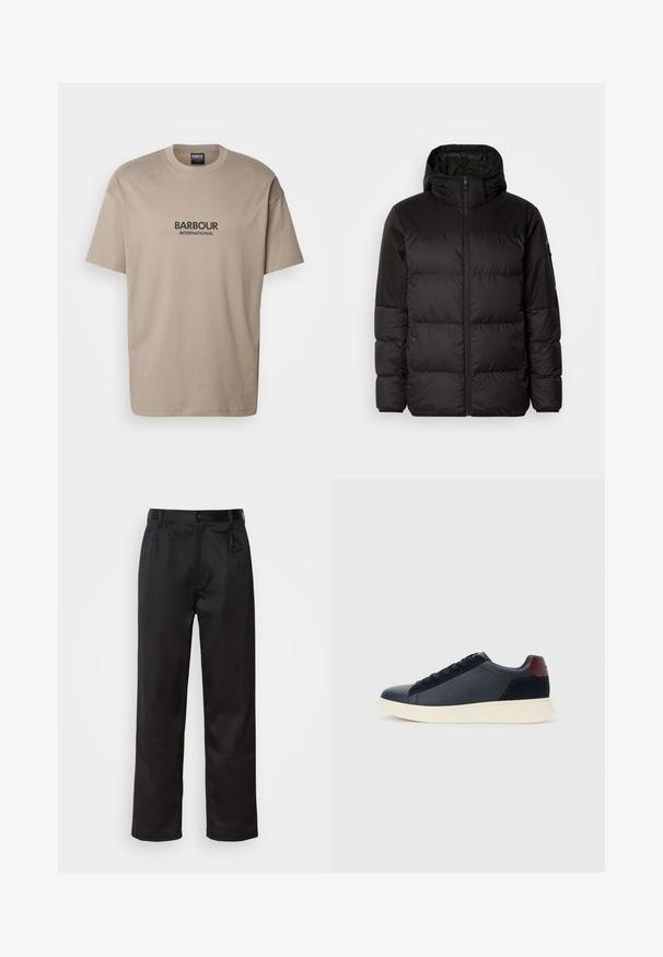 Mustikas puffer-jakk sisaldab tõmblukku, kapuutsi, tikandiga osi ja elastseid mansette, valmistatud siledast veekindlast materjalist.; Beige puuvillane T-särk lühikeste varrukatega, ümmarguse kaelusega ning esiküljel must trükitud "BARBOUR INTERNATIONAL" logo. Sile tekstuur.; Mustadest siledast kangast pükstest, millel on ees nupu sulgemine, voldid ja sirged sääred. Ei mingeid nähtavaid mustreid ega aktsente.; Madala stiilis meeste toss mustast nahast ja seemisnahast, marooni värvi kanna detailiga ja valge kummist tallaga, vaatega välisküljelt.
