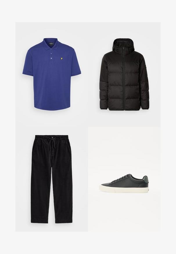 Schwarze Pufferjacke mit Reißverschluss, Kapuze, gesteppten Abschnitten und elastischen Bündchen, hergestellt aus einem glatten, wasserabweisenden Material.; Navyblaues Poloshirt aus Baumwolle. Mit einem Kragen, einer Drei-Knopf-Leiste und einem kleinen gelben Logo auf der Brust. Kurzärmlig.; Schwarze Cordhosen mit lässiger Passform, ausgestattet mit einem elastischen Bund mit Kordelzug und Seitentaschen. Der Stoff zeigt eine gerippte Struktur.; Schwarze Leder-Sneaker mit strukturiertem Finish, weißer Gummisohle, runder Zehenpartie und grünem Akzent an der Ferse. Sechs Ösen-Schnürdesign.