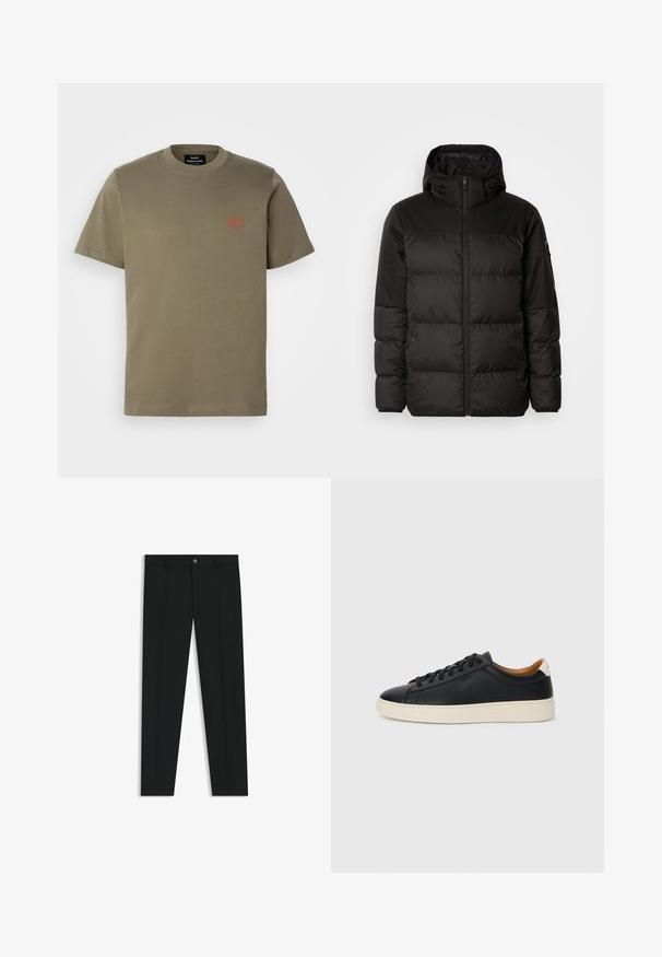 Sort pufferjakke med lynlås, hætte, quiltede sektioner og elastiske manchetter, lavet af et glat, vandafvisende materiale.; Oliven grøn bomulds t-shirt med rund hals, korte ærmer og et lille rødt broderet logo på venstre brystområde.; Sorte dressbukser med lige ben-design, lavet af glat stof. Har en frontlukning med knap og bæltestropper. Enkle uden mønstre.; Sorte lædersneakers med en glat overflade, beige gummisål, snørebåndsdesign og en kontrastfarvet hæl.