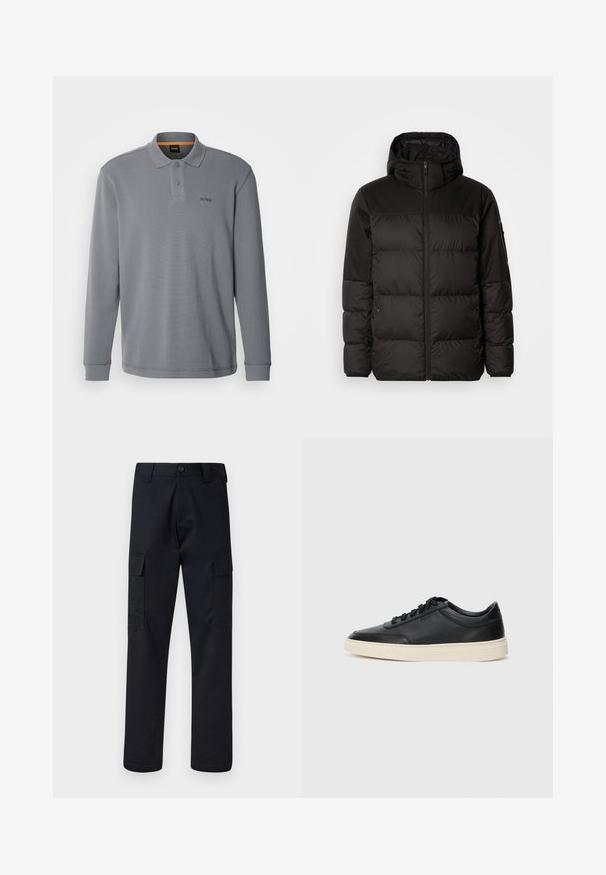 Černá péřová bunda má zipový uzávěr, kapuci, prošívané části a elastické manžety, vyrobená z hladkého, voděodolného materiálu.; BOSS PETEMPESTOLONG - Top s dlouhým rukávem - dark grey; Černé cargo kalhoty vyrobené z odolné tkaniny, s rovnými nohavicemi, dvěma bočními kapsami a zapínáním na knoflík v pase.; Černé kožené nízké tenisky s černými tkaničkami a slonovinovou podešví, zobrazené v bočním profilu na bílém pozadí.