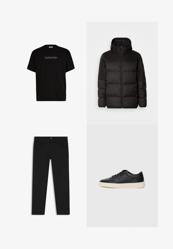 Black puffer jacket features a zip closure, a hood, quilted sections, and elastic cuffs, made from a smooth, water-resistant material.; Calvin Klein SHADOW EMBOSSED LOGO - Print T-shirt - ck black; Black denim trousers with a straight cut, featuring a standard waistband, five pockets, and a button closure. Smooth texture throughout.; Black low-top leather sneaker with black laces and off-white sole shown in side profile on white background.